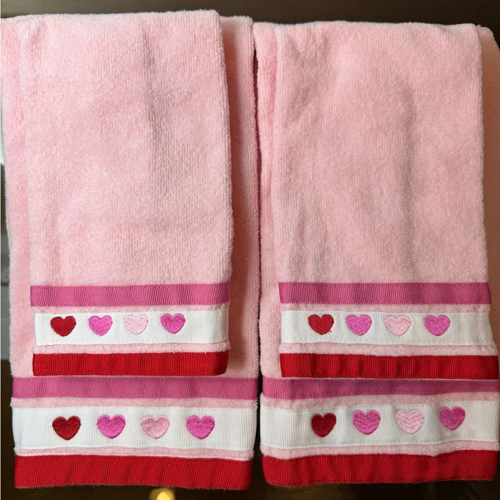 Pink Heart Embroidered Towels